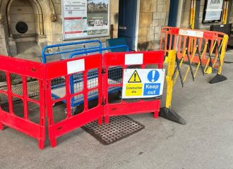 The installation underway on the platform at Lancaster Railway Station